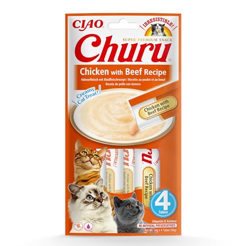 INABA Churu Snack per Gatti Cremoso con Pollo e Manzo - 1 Pack (4 Stick x 14gr) - Cibo per Gatti da Leccare, Sano e Delizioso - Snack Gatto Senza Conservanti o Coloranti Artificiali, Grain-Free
