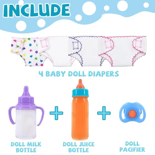 Magische Flasche Baby Puppe Milchfläschchen mit Schnuller, Magische Puppenflasche mit Milch, 7 Stück Puppenzubehör mit Puppenschnuller, Windel, Puppe Fütterungsset mit Verschwindender Milch