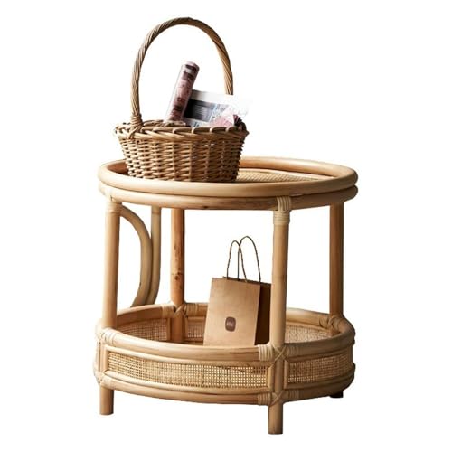 Mesa de centro redonda de ratán tejida a mano de 2 niveles con estante de almacenamiento, mesa auxiliar creativa moderna para sofá, mesa auxiliar, mesita de noche, mesa de té decorativa para