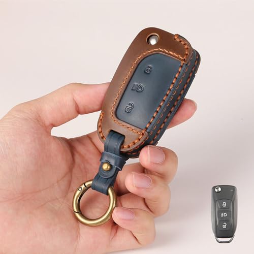Image of keyzone dual leather key cover for Tata Curvv, Nexon, Harrier, Altroz, Punch, Safari, Tigor, Tiago, Zest, Bolt 3 button flip key