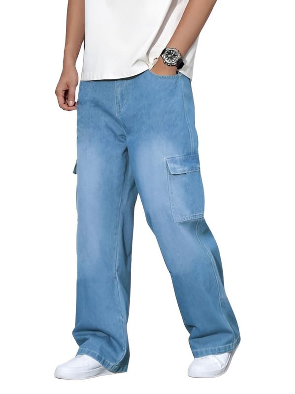 Image of Ben Martin Men's Denim Cotton Cargo Jeans || Stretchable Baggy Fit || High Waist Loose Cargos for Men with Box Pockets || Stylish Gen-Z Streetwear || Sizes 28-40 || Black, Khaki, Grey & More (1)