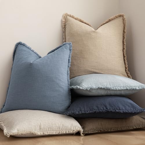 Image of Foindtower Set of 2 Decorative Linen Fringe Throw Pillow Covers Cozy Boho Farmhouse Cushion Cover with Tassels Soft Accent Pillowcase for Couch Sofa Bed Living Room Home Decor, 20x20 Inch, Misty Blue