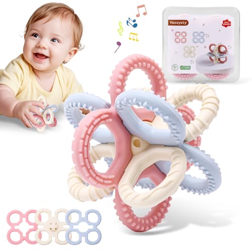 Image of Baby Teething Toys 3 in 1 Silicone Teethers - BPA Free Food Grade Silicone Teething Ring Rattle Toys for Babies 3-6 Months 6-12 Months, Soft & Easy Hold, Baby Chew Toy for Toddlers (Pink)