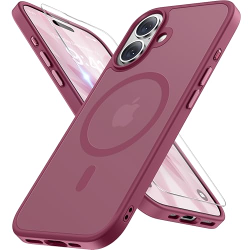 Image of Miracase Magnetic for iPhone 17 Case (Compatible with MagSafe) with Screen Protector Military-Grade Protection, Anti-Fingerprint Translucent Matte Phone Cover for iPhone 17 6.3 inch,Wine Red
