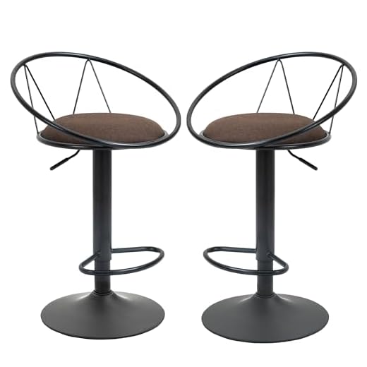 HOMCOM Lot de 2 tabourets de Bar Design néo-rétro réglable pivotant avec Repose-Pied métal Noir Lin Marron