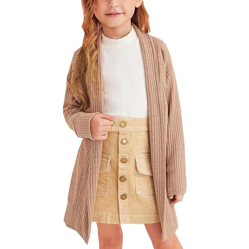 Girl's Open Front Cardigan Long Sleeve Knit Sweaters Kids Cute Casual Loose Outerwear Coats with (Khaki, 6-7 Years)