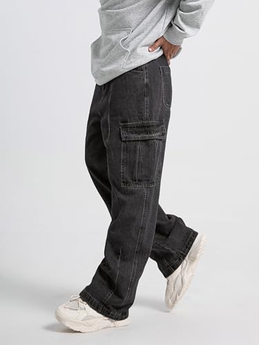 Mens Baggy Jeans for Men Women Y2k Skater Vintage Plain Pants Multiple Pockets Casual Wide Leg Loose Fit Cargo Denim Jeans Light Grey