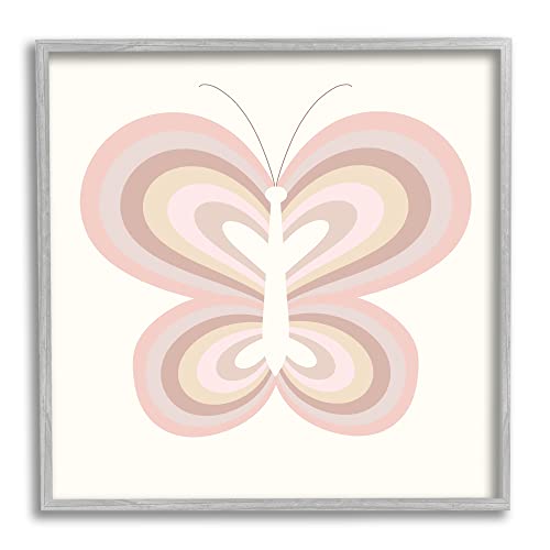 Stupell Industries Kids' Pink Butterfly Illustration Striped Rainbow Wings Grey Framed Wall Art, 17 x 17, Off- White