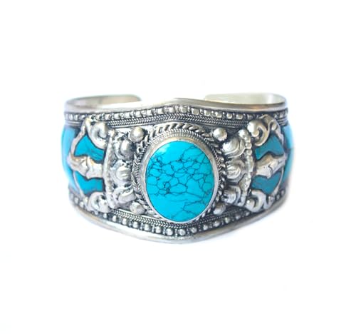 Mosaic Blue Stabilized Turquoise & Argentium Plated Stainless Steel Cuff Bracelet - Slightly Adjustable