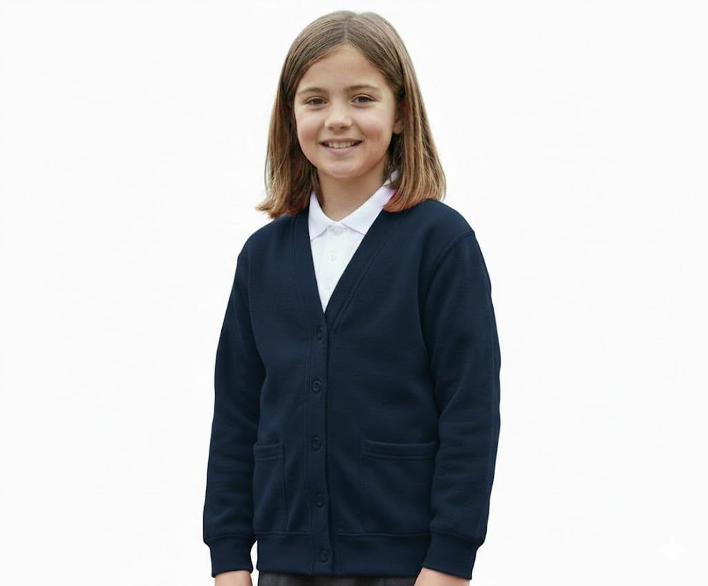 Insafians Girls Navy School Cardigan Stretchable Fleece Sweat Shirt With Front Buttons & Pockets (As8, Age, 7_Years, 8_Years, Regular, )