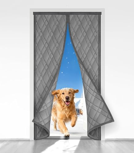 Magnetic Thermal Insulated Door Curtain, Fit Size up to 36 x 80 Inches, Thermal Door Curtain Filled with Thick Cotton to Keep Warm Winter, Doorway/Front/Back/Basement, Grey, Diamond