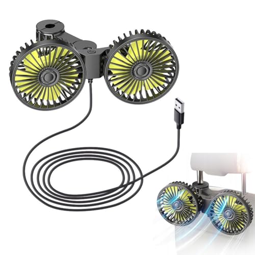 Ventilador USB de coche para asiento trasero, ventilador de refrigeración de 360°, ventilador de aire ajustable de doble cabeza, ventiladores portátiles para coche, mini ventilador de 3 velocidades