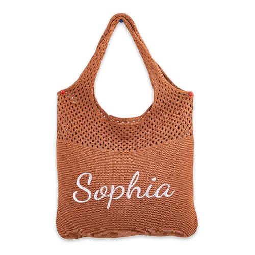 Personalized Knitted Beach Bag with Embroidered Name,Custom Cute Crochet Boho Style Tote Bags for Women Travel,Vacation
