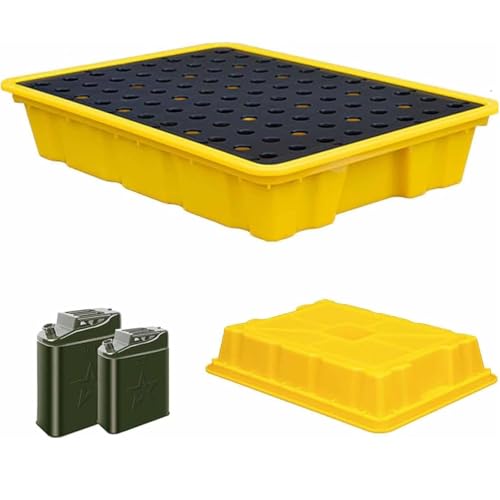 Plataforma de contención de derrames modular con salida de drenaje y bandeja antifugas para bidones