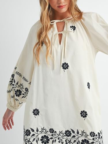 Image of Joiemont Womens Embroidered Long Sleeve Mini Dress Loose Fit Vintage Embroidery Dress with Double Neckline Self Tie