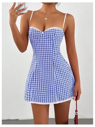 Image of MakeMeChic Women's Plaid Gingham Lace Cami Dress Sleeveless Going Out Mini Dresses Sundress