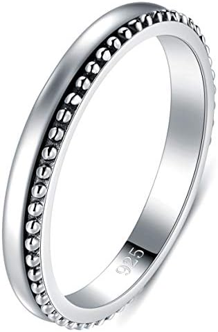 BORUO 925 Sterling Silver Ring High Polish Thin Beaded Bali Stackable Tarnish Resistant Engagement Wedding Band 2mm Ring Size 8.5