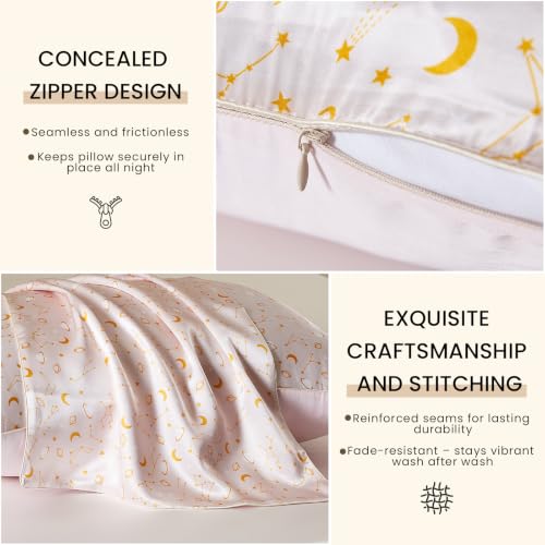 Image of THXSILK Set of 2 Natural Mulberry Silk Pillowcase for Hair and Skin, Grade 6A+ Mulberry Silk, Durable, Soft and Breathable Silk Pillow Case (King 20 inchx36 inch, Peachy Beige Constellation Pattern)