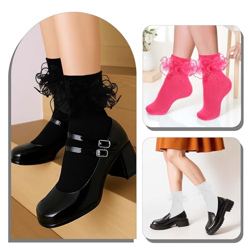 Women Big Ruffle Socks Double Lace Frilly Ankle Socks Turn Cuff Cotton Sock Cute Princess Dress Ruffle Bobby Sock for Women Girls2