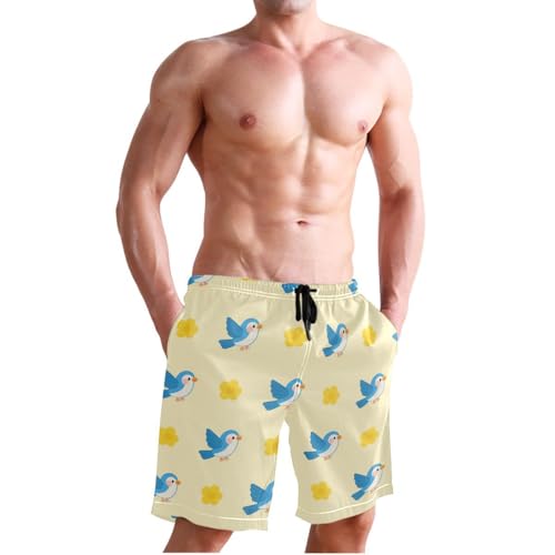 Cute Bird Flowers Floral Yellow Mens Swim Trunks Quick Dry Beach Shorts with Pocket S 23022414