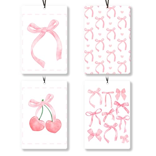 Image of Coquette Pink Bow Car Air Freshener 4Pcs, Girly Car Accessories for Women Teen Girls, Preppy Air Freshener for Car Interior Closet Drawer Books, Preppy Pink Cherry CarMirror Decor Hanging
