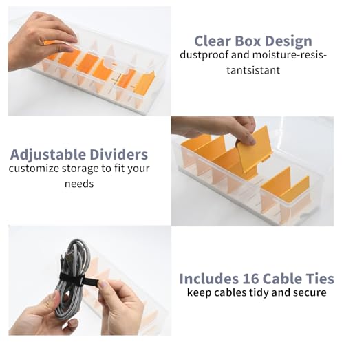 KNJOMZIE 2 Stück Kabelbox, Kabel Organizer Box mit 16 Kabelbindern, Ladekabel Aufbewahrungsbox, Stapelbare Cable Organizer Box für Schublade Schreibtisch
