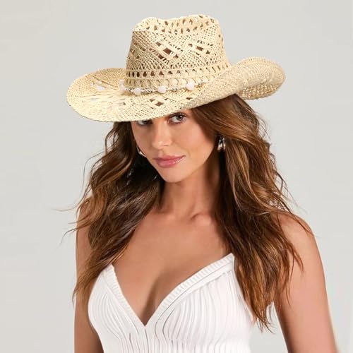 Image of DRESHOW Straw Cowboy Cowgirl Hat for Women Men Western Coastal Cowboy Beach Hat with Shapeable Brim Unisex Rolled up Caps