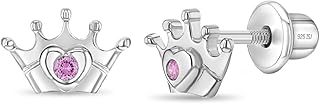 925 Sterling Silver Elegant Cubic Zirconia Crown Princess Earrings for Little Girls with Safety Screw Back Locking for Security & Comfort - For Toddlers, Young Girls & Pre-Teens