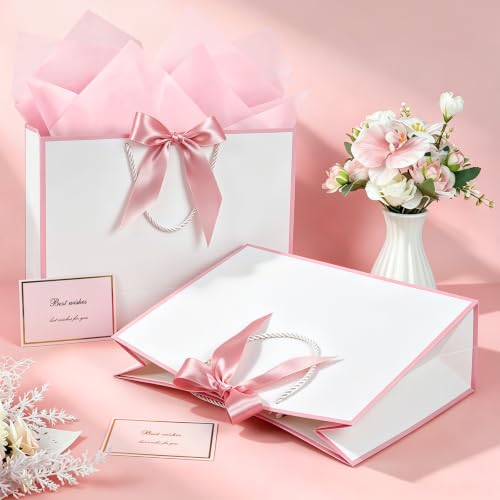 Image of JMANNI Gift Bags with Handles, 13 inch Medium Gift Bag for Presents, 2 Pcs Bags with 4 Tissue Paper and 2 Cards for Graduation Baby Shower Wedding Fathers Day Mother's Day Birthday Party(white pink)