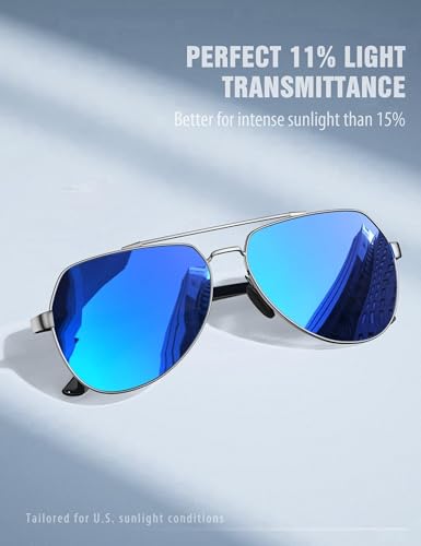 Image of LUENX Mens Womens Aviator sunglasses Polarized & with Case - UV 400 Protection Dark Blue Lens Silver Frame 60mm