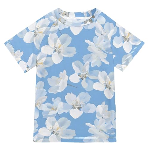 ALAZA Kids Rash Guard Girls Toddler Swim Shirts Short Sleeve Cute White Flower UPF 50+ 3T