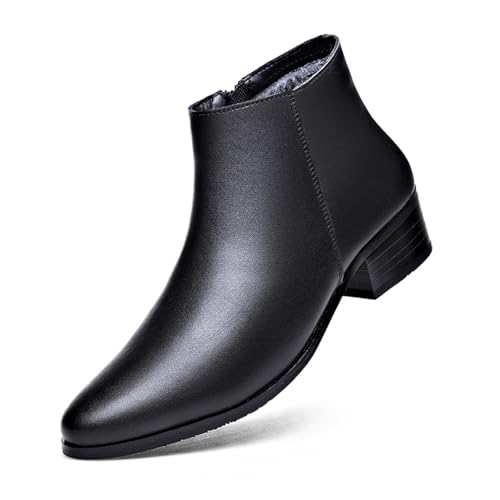 Men's Genuine Leather Pointed Toe Block Heels Chelsea Ankle Boots with Side Zipper Warm Fur Lined Chunky Heels Business Dress Chukka Boots Comfortable Non Slip Work Winter Booties (10) Black