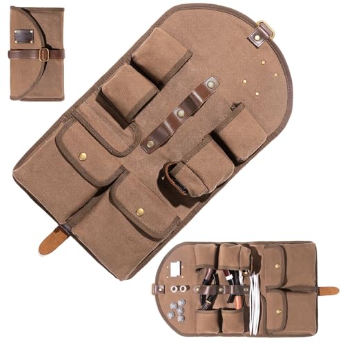 MrPyer Waxed Canvas 4 Pipe Tobacco Pouch Smoking Pipe Case Accessories Organizer Durable Foldable Travel Bag with Leather Stand
