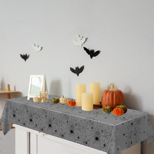 Image of Childom 2 Pack Halloween Tablecloth,Halloween Party Decorations 54 x 108 Inch Plastic Table Cloth Disposable,Gray Spider Web Table Cover for Rectangular,Home,Dinner,Scary Themed Parties Supplies Decor