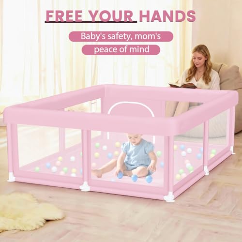 Image of Large Baby Playpen 50 inchx50 inch Baby Girl Play Pen for Babies and Toddlers, Safe Structure and Soft, Skin-Friendly Fabric with Zipper Gates Pink