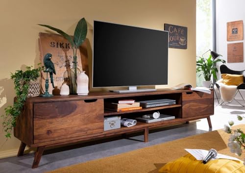 Image of Solid Wood TV Unit for Living Room 65 Inch Furniture - Wooden TV Unit with Storage Cabinet with 2 Door, 2 Open Shelves Wooden TV Cabinet for Living Room - Fits up to 65-Inch TV (Jasper)