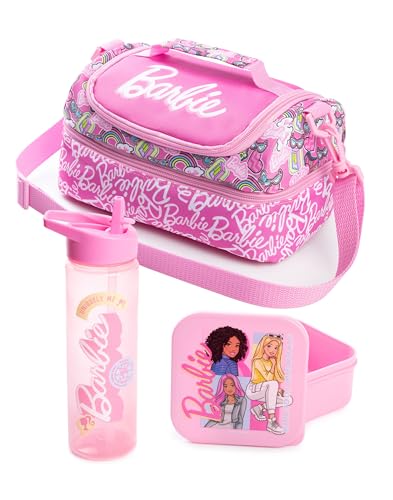 Barbie Girls Pink Lunch Bag with Bottle & Snack Pot | Stronger Together Zip-Up Carry Set | Adjustable Shoulder Strap