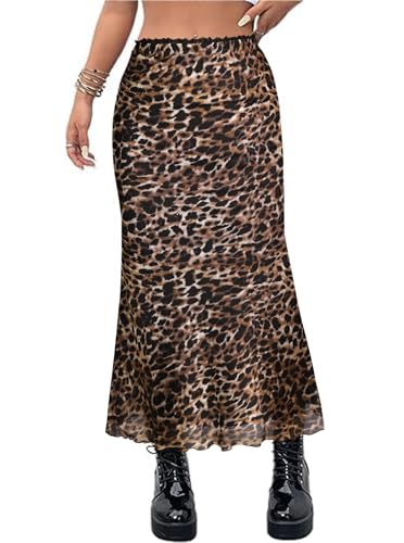 Avanova Falda de sirena de malla bohemia floral para mujer, cintura alta, falda midi de verano, Leopardo marrón, M