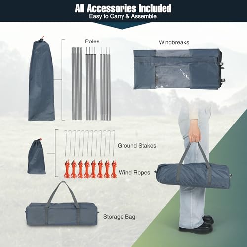 REDCAMP Windschutz für Camping, Heavy Duty Strand Sichtschutz mit Sichtfenster Stahlstangen Heringen Seilen, Outdoor Caravan Privacy Shield für Garten BBQ Picknick Lagerfeuer Holzkohlegrills, Grau