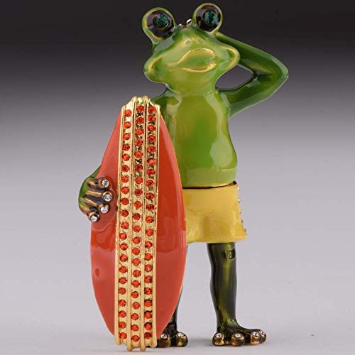 Keren Kopal Surfer Frog Trinket Box Figurine Decorated with Swarovski Crystals Unique Handmade Gift Home Office Decor