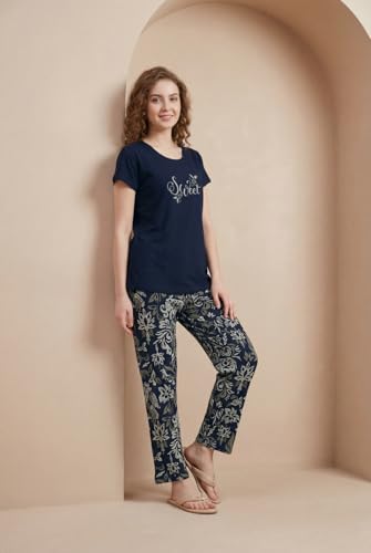 Image of Women's Pure Cotton Printed Night Suit | Sweet Graphic Top & Elephant Print Pyjama Set | Soft Round Neck Sleepwear