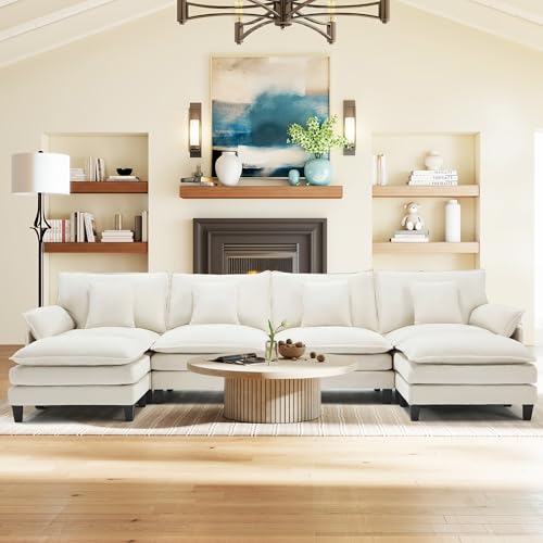 Image of 140 inch U Shaped Modular Sectional Cloud Couch, Modern Sofa with Ottoman, 6-Seat Deep Seat Sofa with Pillows for Living Room, Bedroom and Apartment, Beige