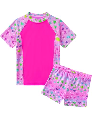 Image of Girls Swimsuit Colorful Short Sleeve Bathing Suits UPF 50+ Rash Guard Set Two Piece Summer Swimwear