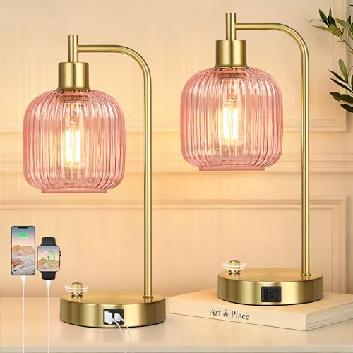 Pink Glass Table Lamps Set of 2, Dimmable Bedside Lamps for Living Room