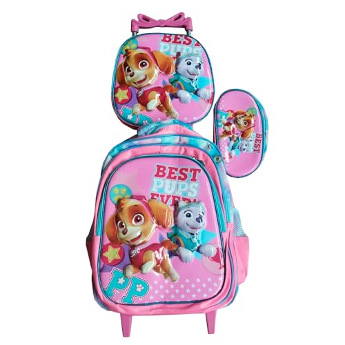 Kit Mochila Infantil Patrulha Canina3D Feminina com Rodinhas + Lancheira Térmica + Estojo Escolar em 3D Alto Relevo