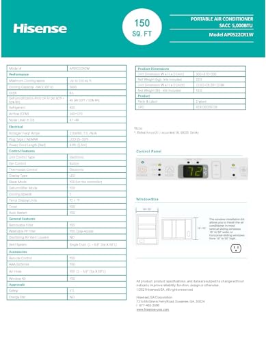 Image of Hisense Portable Air Conditioner 5000-BTU DOE (115-Volt) White Vented, Remote control, Cools 150-sq ft, 24 Hour Timer, 3-modes (Cooling, Fan, Dehumidifier), Noise Level dB 47 - AP0522CR1W (Renewed)