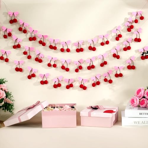3 Pcs Bow Cherry Garland Party Decorations Pre-Strung Pink Bow 3D Pom Poms Hanging Banner Cute Felt Fruit Cherry Garland for Birthday Baby Shower Bachelorette Wall Door Party Favor Supplies