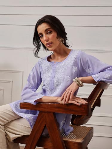 Image of Ada Hand Embroidered Lucknow Chikankari Straight Round Neck Cotton Blend Short Kurti Tunic Top for Women A911333