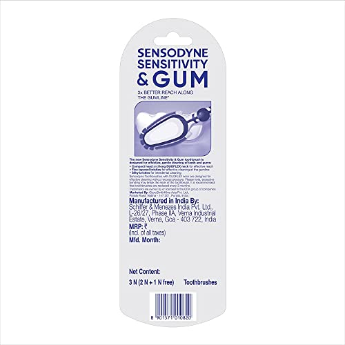 Image of Sensodyne Sensitivity & Gum Manual Toothbrush for adults with Soft Bristles & Duoflex Neck for Better Cleaning, Multicolor, 3N (2N + 1 N free)