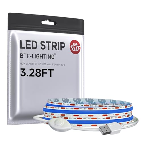 Image of BTF-LIGHTING FCOB COB LED Strip Lights 5V USB Powered Blue Color for TV | 3.28FT 320LEDs CRI90+ Dimmable Super Bright LED Light with 3M Tape for TV Backlight PC 3D Printer Cabinet Home DIY Lighting
